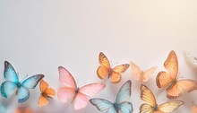 Beautiful Pink Orange And Blue Butterflies On White Background With Copy Space