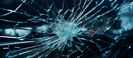 Poster - A close up of a shattered glass window in a dimly lit room resembling an electric blue astronomical object in a dark sky. The broken glass forms a circle shape with a plant shadow in the background