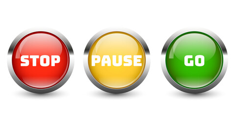 Red, green and yellow round button, set on white background for website or your design.Vector graphics