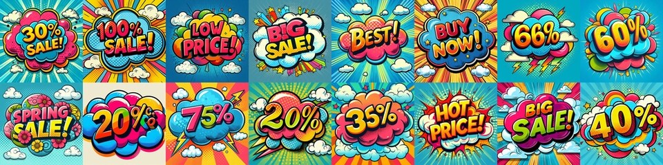 Wall Mural - Sale stickers pop art style. AI generated illustration