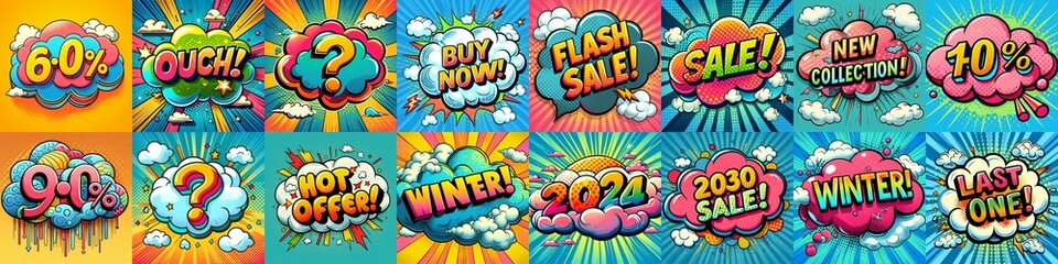 Wall Mural - Sale stickers pop art style. AI generated illustration