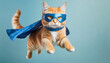 A cat is depicted wearing a blue mask and a matching cape, looking intrepid and ready for action. The feline seems to be embracing its alter ego with the playful costume