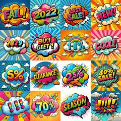 Wall Mural - Sale stickers pop art style. AI generated illustration