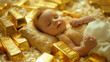 A cute baby girl is sleeping and surrounded by gold bars, her family fortune and inheritance.