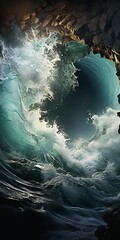 Sticker - Surreal image of ocean wave breaking on rocks