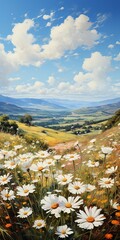 Wall Mural - Field of daisies in the summer on the background of the mountains