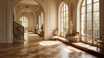 Wall Mural - Opulent French chateau oval hallway with arched windows herringbone parquet floors mirror-paneled walls gilded plaster details and curving staircases.