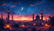 Lanterns and Islamic mosque in the desert at night with a crescent moon Ramadan Kareem themed illustration background.