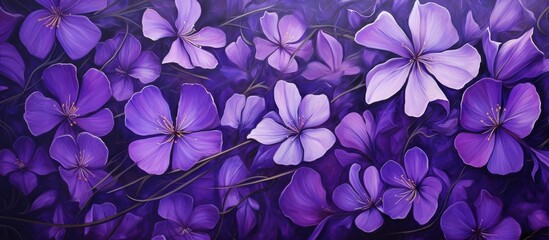 Wall Mural - An annual plant with purple and magenta petals on dark groundcover, contrasted with electric blue hues. The herbaceous plant showcases a vibrant violet color scheme