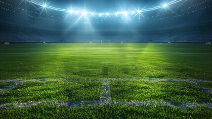 soccer stadium arena with a spotlight on the green grass field, prepared for a competitive championship match, emphasizing the sport background and event setting