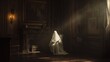 Eerie figure shrouded in white haunts a dark, Victorian room with an air of ghostly solitude