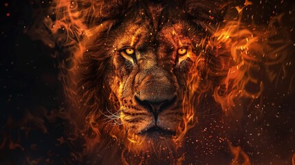Wall Mural - portrait of lion in fire with black background, isolated on dark, closeup of fierce and powerful wild animal, majestic predator with fiery flames, dramatic and intense scene