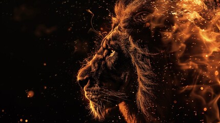 Wall Mural - closeup portrait of lion in fire on black background, isolated on dark, fierce and wild animal with fiery and dramatic flames, powerful predator in intense and majestic setting