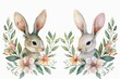 Happy Easter watercolor cards set with cute Easter rabbit, eggs, spring flowers and bird in pastel colors isolated on white background