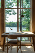 A modern desk with natural wood and large windows overlooking the lake, in an elegant cabin style interior design photography, with natural light and shadow, in a minimalist decoration style.