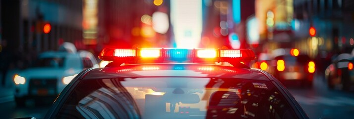 Flashing lights of a police car signaling its presence during a city check