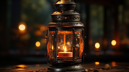 Wall Mural - Vintage lantern with burning candle on blurred background. Ramadan Kareem concept