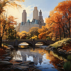 Autumn landscape with bridge in Central Park, New York City.