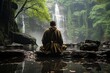 Kung Fu practitioner meditates under waterfall., generative IA