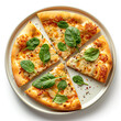 Simple vegetarian cheese pizza, freshly baked, garnished with green basil leaves. Delicious pizza cut into slices, on a white ceramic plate, on white background. Top view, from above.