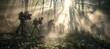 Cinematic scene of film crew working in misty forest with sunlight piercing through canopy