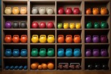Fototapeta Do akwarium - Colorful dumbbells aligned with organized shelves., generative IA