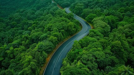 aerial top view of curvy road in green forest during rain season with scenic natural landscape and lush green trees