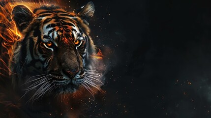 Wall Mural - dramatic closeup of tiger in fire on black background, fierce and exotic wildlife portrait with glowing eyes and powerful details