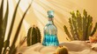 A blue bottle rests on the sandy ground against a backdrop of desert landscape