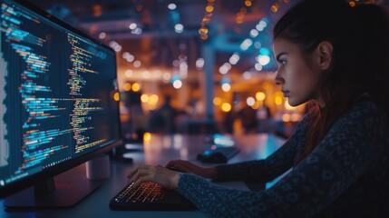 a software developer is engrossed in writing code on dual monitors, indicative of the concentration 