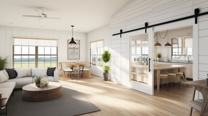 Wall Mural - Light-filled modern farmhouse with open layout shiplap walls and chic barn door accents.