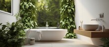 A Bathroom With A Bathtub, Sink, Mirror, And Plants Creating A Peaceful And Natural Atmosphere. The Wood Flooring Adds A Touch Of Warmth To The Space