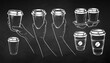 Vector chalk drawn sketchy illustrations set of takeaway coffee and hands holding disposable paper cups on chalkboard background