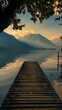 Calm mountain lake wooden pier