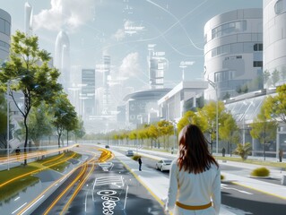 A woman is walking down a street with a futuristic city in the background. The city is filled with tall buildings and cars, and the woman is looking at the cars on the road