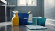 Household cleaning products and cleaning items in a bucket, Spring cleaning of kitchen, bathroom and other premises. Cleaning service concept.