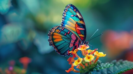 colorful butterfly sitting on a flower with detailed closeup, showcasing the delicate beauty of its wings and the blooming petals in nature