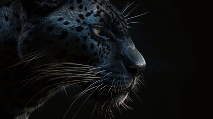 Wall Mural - closeup of a wild black panther on a dark background capturing the intense and exotic beauty of this majestic feline predator