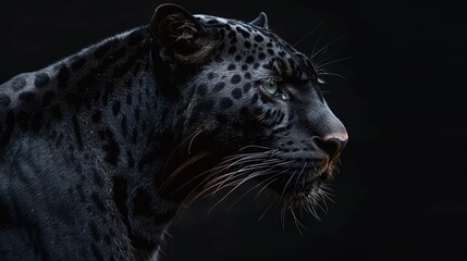 Wall Mural - powerful black panther in a closeup portrait on a dark background showcasing the stealth and fierce nature of this wild animal