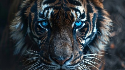 Wall Mural - powerful black tiger with intense blue eyes in a closeup portrait on a dark background showing the majestic and exotic nature of this predator