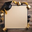 wooden background with cap tassel ribbon bows and stars black and gold tan copy space