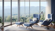 Panoramic view of a beautiful mountain landscape from a modern living room with stylish blue armchairs and a soft carpet on the floor