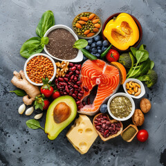  Assortment of nutritious foods promoting heart health