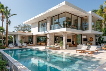 Poster - Modern luxury villa exteriopr with white walls and stone accents with garden and pool