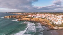 Aerial View Of Zambujeira Do Mar Village And Its Beach, Portugal