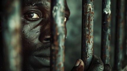 prisoner holding onto prison bars, gazing into the distance with a look of determination and hope in