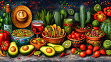 Fototapeta  - A table full of food with a variety of food, drink and appetizers mexican cuisine. Concept traditional mexican food.