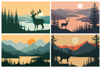 Canvas Print - Set of mountain nature landscapes in flat vintage style. Mountains, forest, deer, lakes and rivers against the backdrop of sunsets and sunrises. Wildlife silhouettes. Set of vector illustration.