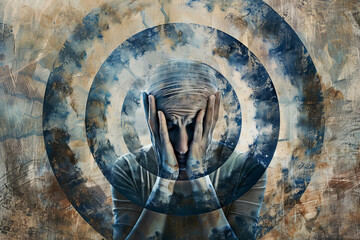 Wall Mural - An abstract image of a person with a headache, their head surrounded by a series of concentric circles.
