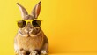 cool easter bunny rabbith with sunglasses, isolated on yellow background, copy and text space, concept: happy easter, 16:9
